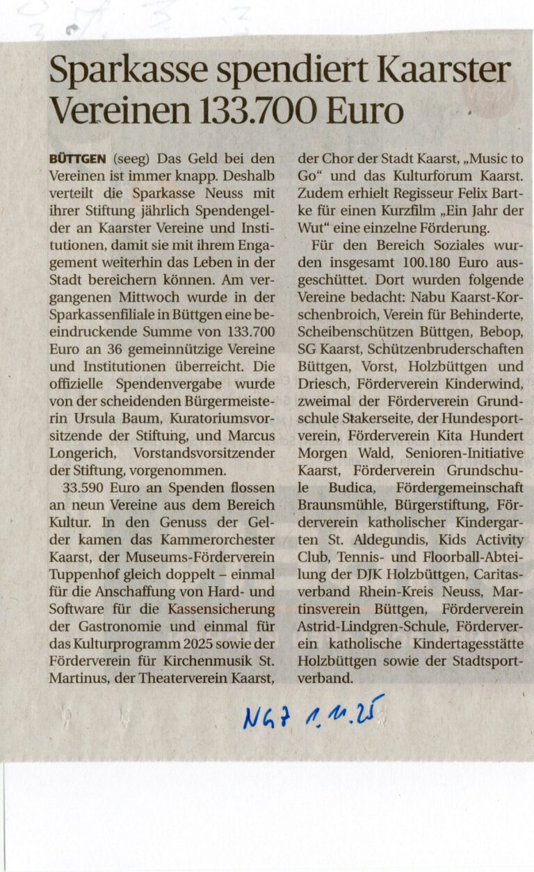 Mehr über den Artikel erfahren Sparkasse spendiert Kaarster Vereinen 133.700 Euro